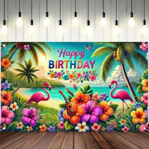 Happy Birthday Backdrop Flamingo Decoration Birthday Banner Hawaiian Tropical Floral Birthday Photo Backgrounds Beach Theme Birthday Party Decor Photo Booth Props 71 x 43Inch