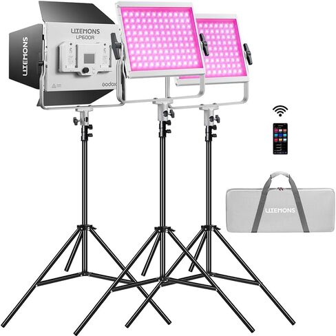Godox LP600R RGB LED ضوء الفيديو ، Godox Litemons LED LED KIT مع حامل خفيف + حقيبة حمل ، التحكم في التطبيق ، إضاءة استوديو فوتوغرافي 60 واط ، 1800 كيلو متر -10000 كيلو ، 14 أوضاع FX (LP600R (KIT 3)) in Kuwait