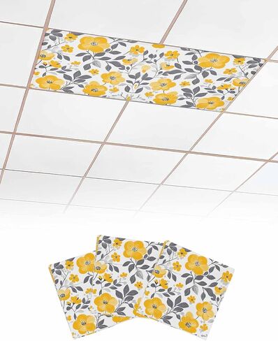 2 Pack Fluorescent Light Cover for Ceiling Lights, Yellow Grey Spring Floral Magnetic Classroom Light Filters 4x2 Feet, Summer Botanical Elegant Decorative Ceiling Shade Panel for Office in Saudi Arabia