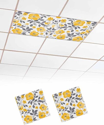 2 Pack Fluorescent Light Cover for Ceiling Lights, Yellow Grey Spring Floral Magnetic Classroom Light Filters 4x2 Feet, Summer Botanical Elegant Decorative Ceiling Shade Panel for Office in Saudi Arabia
