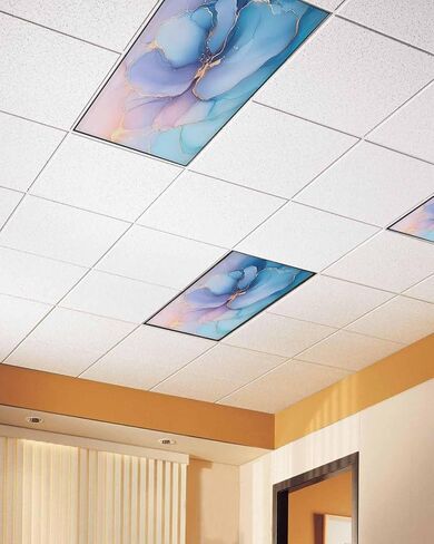 2 Pack Fluorescent Light Cover for Ceiling Lights, Blue Gold Magnetic Classroom Light Filters 4x2 Feet, Modern Purple Pink Marble Textured Decorative Ceiling Shade Panel for Office in Saudi Arabia