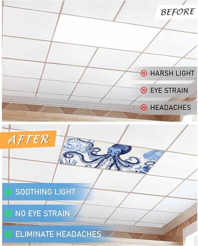 1 Pack Fluorescent Light Cover for Ceiling Lights, Navy Blue Octopus Coastal Magnetic Classroom Light Filters 4x2 Feet, Nautical Summer Beach Rustic Decorative Ceiling Shade Panel for Office in Saudi Arabia