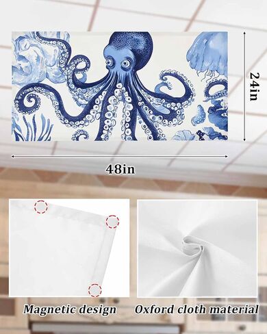 1 Pack Fluorescent Light Cover for Ceiling Lights, Navy Blue Octopus Coastal Magnetic Classroom Light Filters 4x2 Feet, Nautical Summer Beach Rustic Decorative Ceiling Shade Panel for Office in Saudi Arabia