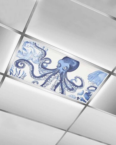 1 Pack Fluorescent Light Cover for Ceiling Lights, Navy Blue Octopus Coastal Magnetic Classroom Light Filters 4x2 Feet, Nautical Summer Beach Rustic Decorative Ceiling Shade Panel for Office in Saudi Arabia
