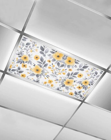 2 Pack Fluorescent Light Cover for Ceiling Lights, Yellow Grey Floral Spring Magnetic Classroom Light Filters 4x2 Feet, Summer Botanical Elegant Decorative Ceiling Shade Panel for Office in Saudi Arabia