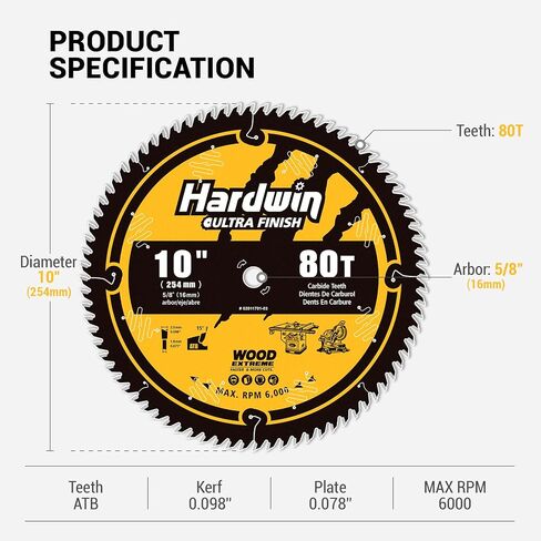 10 Inch Table Saw Blade, 24T Carbide-Tipped 5/8 Arbor, Precision Cut Thin Kerf Ripping Saw Blade for Hardwood/Softwood/Plywood | Fine Finishing | Compatible with Major Saws in Kuwait