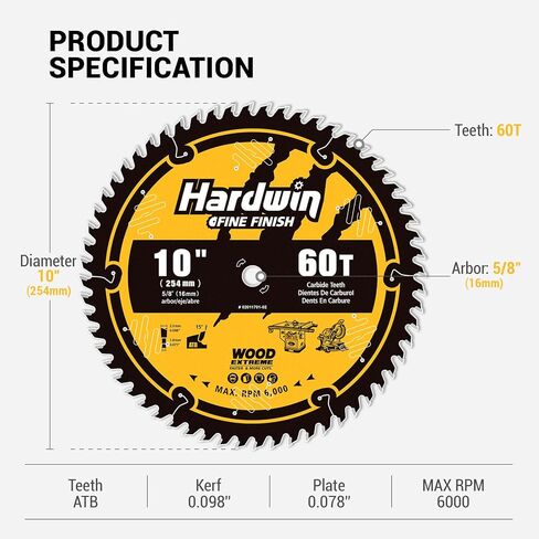 10 Inch Table Saw Blade, 24T Carbide-Tipped 5/8 Arbor, Precision Cut Thin Kerf Ripping Saw Blade for Hardwood/Softwood/Plywood | Fine Finishing | Compatible with Major Saws in Kuwait