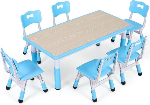 Arlopu Kids Table and 6 Chairs Set, Height Adjustable Graffiti Table, Preschool Activity Art Craft Table, for Daycare Classroom Home Boys and Girls Age 3-12 (Beige) in Saudi Arabia