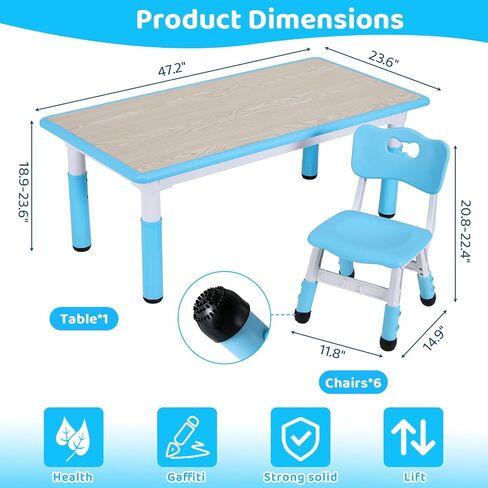 Arlopu Kids Table and 6 Chairs Set, Height Adjustable Graffiti Table, Preschool Activity Art Craft Table, for Daycare Classroom Home Boys and Girls Age 3-12 (Beige) in Saudi Arabia