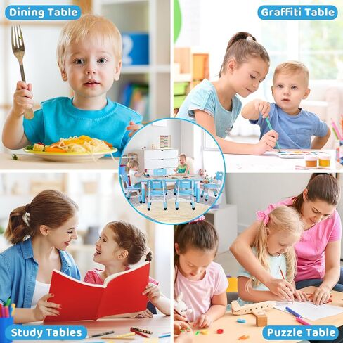 Arlopu Kids Table and 6 Chairs Set, Height Adjustable Graffiti Table, Preschool Activity Art Craft Table, for Daycare Classroom Home Boys and Girls Age 3-12 (Beige) in Saudi Arabia
