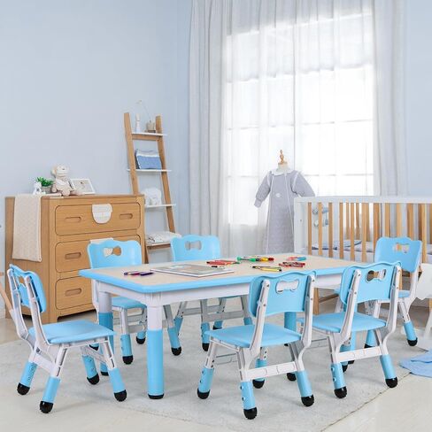 Arlopu Kids Table and 6 Chairs Set, Height Adjustable Graffiti Table, Preschool Activity Art Craft Table, for Daycare Classroom Home Boys and Girls Age 3-12 (Beige) in Saudi Arabia