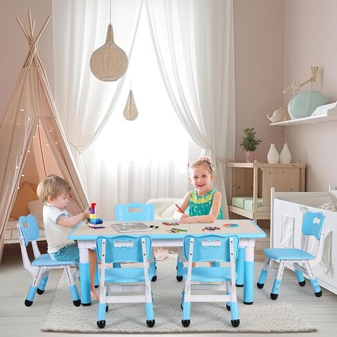 Arlopu Kids Table and 6 Chairs Set, Height Adjustable Graffiti Table, Preschool Activity Art Craft Table, for Daycare Classroom Home Boys and Girls Age 3-12 (Beige) in Saudi Arabia