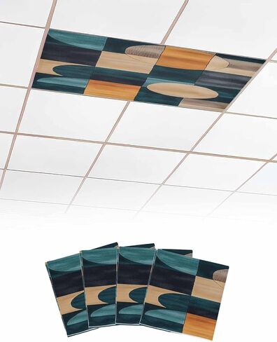 4 Pack Fluorescent Light Cover for Ceiling Lights, Turquoise Beige Geometric Magnetic Classroom Light Filters 4x2 Feet, Abstract Art Painting Decorative Ceiling Shade Panel for Office in Saudi Arabia