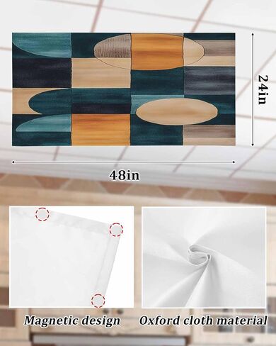 4 Pack Fluorescent Light Cover for Ceiling Lights, Turquoise Beige Geometric Magnetic Classroom Light Filters 4x2 Feet, Abstract Art Painting Decorative Ceiling Shade Panel for Office in Saudi Arabia