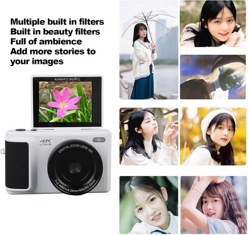 64MP Digital Camera, 16X Zoom, 4K UHD Video Recording, Autofocus, 180° Flip Screen, with 128GB Card and Beauty Filters, for Selfie Photo Video, for Kids Boys Girls (White) in Saudi Arabia
