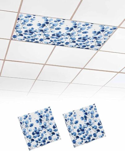 2 Pack Fluorescent Light Cover for Ceiling Lights, Watercolor Floral Magnetic Classroom Light Filters 4x2 Feet, Blue Verdant Flower Patterns Decorative Ceiling Shade Panel for Office in Saudi Arabia