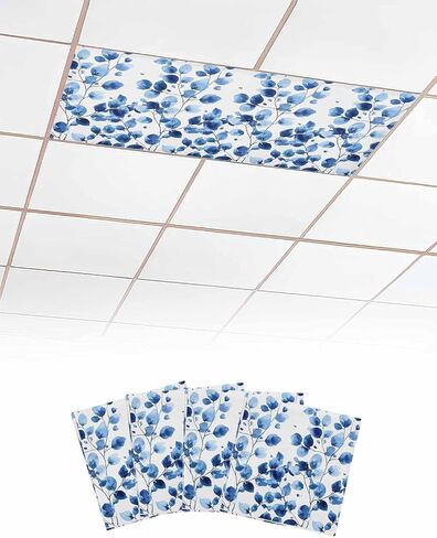 2 Pack Fluorescent Light Cover for Ceiling Lights, Watercolor Floral Magnetic Classroom Light Filters 4x2 Feet, Blue Verdant Flower Patterns Decorative Ceiling Shade Panel for Office in Saudi Arabia