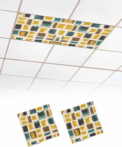 1 Pack Fluorescent Light Cover for Ceiling Lights, Yellow Teal Black Geometric Magnetic Classroom Light Filters 4x2 Feet, Modern Polygonal Abstract Art Ceiling Shade Panel for Office in Saudi Arabia
