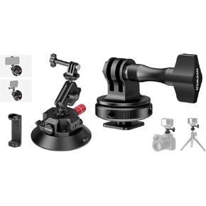 NEEWER 4.5" Suction Cup Camera Mount with Ball Head Magic Arm, 1/4" 3/8" ARRI Holes, Quick Release Car Mount with Phone Holder & Action Cam Adapter, Action Camera Cold Shoe Mount Adapter Included