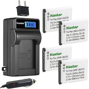 Kastar 4-Pack D-Li88 Battery and LCD AC Charger Compatible with Pentax D-LI88 DLI88 Battery, Pentax Optio H90, Optio P70, Optio P80, Optio W90, Optio WS80 Digital Cameras