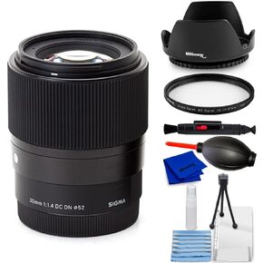 Sigma 30mm f/1.4 DC DN Contemporary Lens for Sony E 302965 - Accessory Bundle Includes: Tulip Hood Lens, UV Filter, Cleaning Pen, Blower, Microfiber Cloth and Cleaning Kit, SIG30F14SNYE11