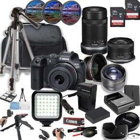 Canon EOS R7 Camera بدون كاميرا + 18-45 مم و 55-210 مم + مصباح LED + 128 جيجابايت من العدسات + المرشحات + CASE + TRUPOD + GRIPS + الطاقة المضافة ، والمزيد (حزمة 28pc) (متجددة)