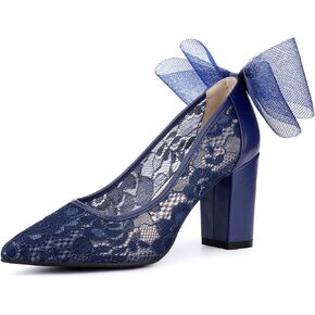 Perphy Pointed Toe Bow Lace Decor Lace Block Heel Pumps for Women