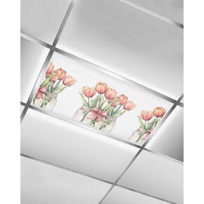 1 Pack Fluorescent Light Cover for Ceiling Lights, Red Pink Floral Magnetic Classroom Light Filters 4x2 Feet, Spring Watercolor Tulips Flower Vase Decorative Ceiling Shade Panel for Office