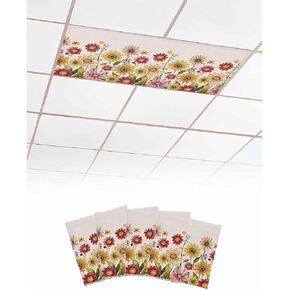 1 Pack Fluorescent Light Cover for Ceiling Lights, Yellow Red Spring Floral Magnetic Classroom Light Filters 4x2 Feet, Pastoral Summer Flower Rustic Decorative Ceiling Shade Panel for Office