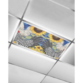1 Pack Fluorescent Light Cover for Ceiling Lights, Vintage Sunflower Rooster Magnetic Classroom Light Filters 4x2 Feet, Summer Elegant Flowers Decorative Ceiling Shade Panel for Office