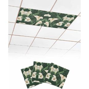 3 Pack Fluorescent Light Cover for Ceiling Lights, Lily Flower Magnetic Classroom Light Filters 4x2 Feet, Green Nature Summer Leaf Botanicals Floral Decorative Ceiling Shade Panel for Office