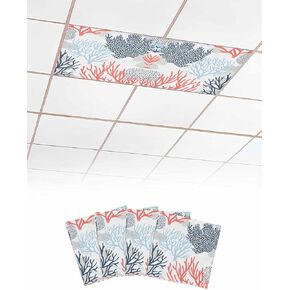 2 Pack Fluorescent Light Cover for Ceiling Lights, Blue Coral Magnetic Classroom Light Filters 4x2 Feet, Summer Watercolor Ocean Botanical Textured Decorative Ceiling Shade Panel for Office