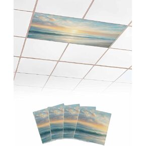 2 Pack Fluorescent Light Cover for Ceiling Lights, Ocean Sunrise Coastal Magnetic Classroom Light Filters 4x2 Feet, Summer Beach Abstract Art Decorative Ceiling Shade Panel for Office