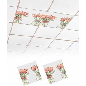 2 Pack Fluorescent Light Cover for Ceiling Lights, Tulips Flower Red Magnetic Classroom Light Filters 4x2 Feet, Spring Watercolor Floral Leaf in Vase Ceiling Shade Panel for Office