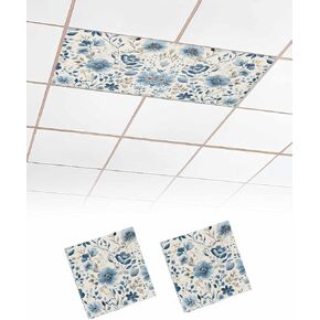 3 Pack Fluorescent Light Cover for Ceiling Lights, Spring Flower Magnetic Classroom Light Filters 4x2 Feet, Blue Watercolor Plant Plant Leaf Branch Decorative Ceiling Shade Panel for Office