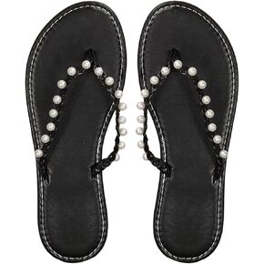 Verdusa Women's Faux Pearl Braided Flip Flops Open Toe Flat Leather Sandals