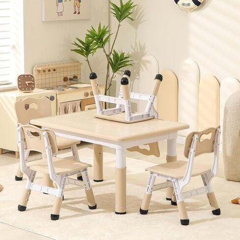 Height-Adjustable Kids Table and Chairs, 31.5''L x 23.6''W Toddler Table and 4 Chairs Set with Anti-Slip Foot Covers, Children Activity Table for Ages 2-10, Graffiti Desktop in Saudi Arabia