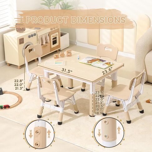 Height-Adjustable Kids Table and Chairs, 31.5''L x 23.6''W Toddler Table and 4 Chairs Set with Anti-Slip Foot Covers, Children Activity Table for Ages 2-10, Graffiti Desktop in Saudi Arabia