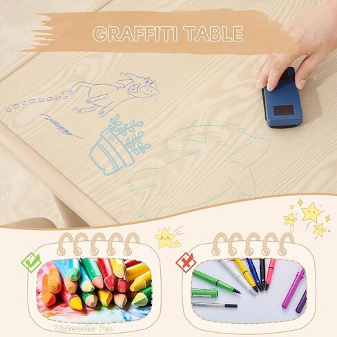 Height-Adjustable Kids Table and Chairs, 31.5''L x 23.6''W Toddler Table and 4 Chairs Set with Anti-Slip Foot Covers, Children Activity Table for Ages 2-10, Graffiti Desktop in Saudi Arabia