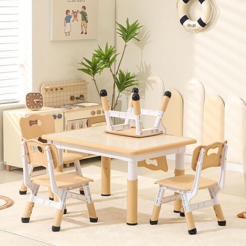 Height-Adjustable Kids Table and Chairs, 31.5''L x 23.6''W Toddler Table and 4 Chairs Set with Anti-Slip Foot Covers, Children Activity Table for Ages 2-10, Graffiti Desktop in Saudi Arabia