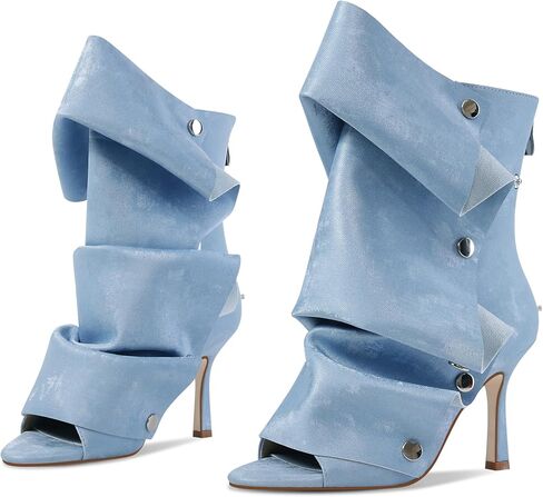 Women's Stylish Wrinkles High Heels Buttons Summer Booties Ladies Unique Ruched Metals Thin Heels Spring Short Boots in Saudi Arabia