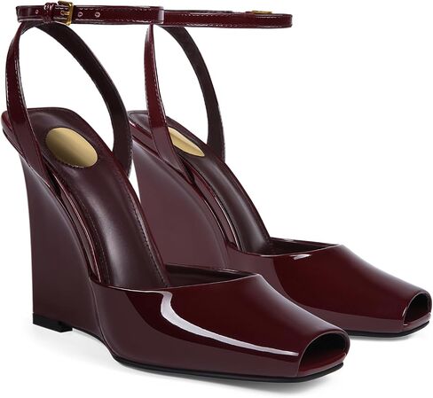 Peep Toe Wedges Sandals for Women Square Open Toe Buckle Ankle Strap Wedge Heels Patent Leather Slip-on Slingback Pumps Sexy Dressy Summer Shoes in Saudi Arabia
