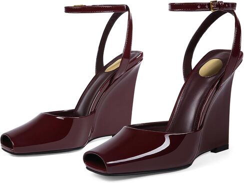 Peep Toe Wedges Sandals for Women Square Open Toe Buckle Ankle Strap Wedge Heels Patent Leather Slip-on Slingback Pumps Sexy Dressy Summer Shoes in Saudi Arabia
