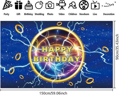 5.9x3.6ft Cartoon Blue Lightning Birthday Party Backdrop Golden Rings Happy Birthday Party Decorations in Kuwait
