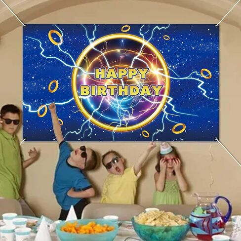 5.9x3.6ft Cartoon Blue Lightning Birthday Party Backdrop Golden Rings Happy Birthday Party Decorations in Kuwait