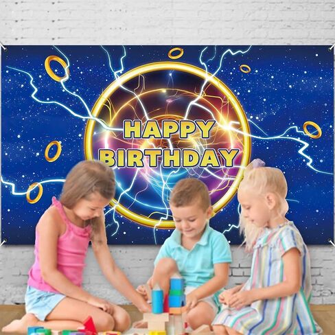 5.9x3.6ft Cartoon Blue Lightning Birthday Party Backdrop Golden Rings Happy Birthday Party Decorations in Kuwait