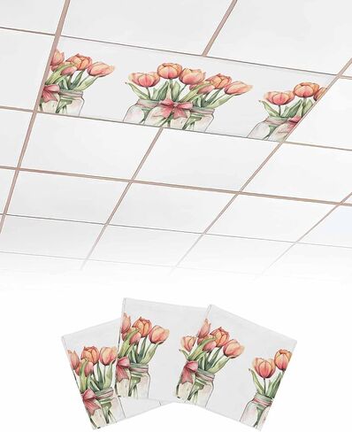 1 Pack Fluorescent Light Cover for Ceiling Lights, Red Pink Floral Magnetic Classroom Light Filters 4x2 Feet, Spring Watercolor Tulips Flower Vase Decorative Ceiling Shade Panel for Office in Kuwait