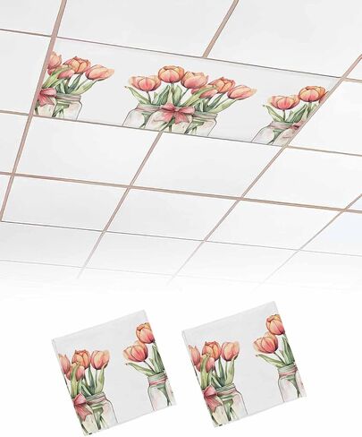 1 Pack Fluorescent Light Cover for Ceiling Lights, Red Pink Floral Magnetic Classroom Light Filters 4x2 Feet, Spring Watercolor Tulips Flower Vase Decorative Ceiling Shade Panel for Office in Kuwait