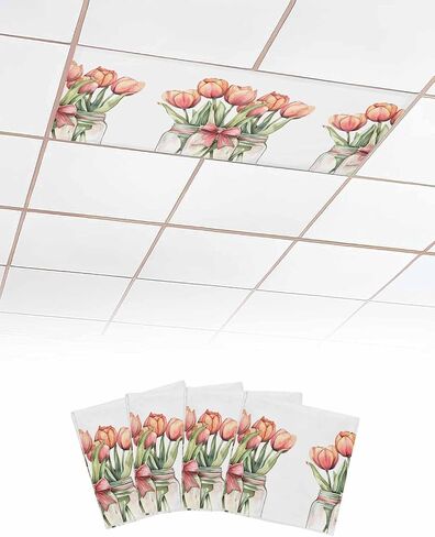 1 Pack Fluorescent Light Cover for Ceiling Lights, Red Pink Floral Magnetic Classroom Light Filters 4x2 Feet, Spring Watercolor Tulips Flower Vase Decorative Ceiling Shade Panel for Office in Kuwait