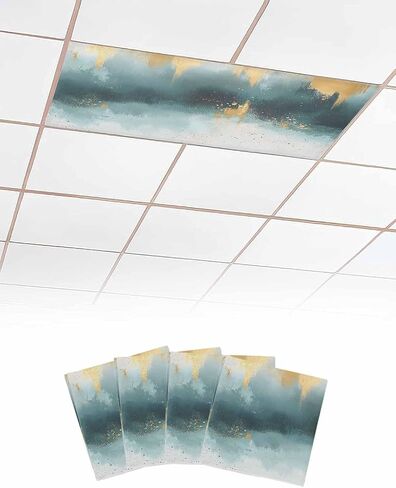 2 Pack Fluorescent Light Cover for Ceiling Lights, Modern Teal Gold Magnetic Classroom Light Filters 4x2 Feet, Abstract Geometric Lines Decorative Ceiling Shade Panel for Office in Saudi Arabia